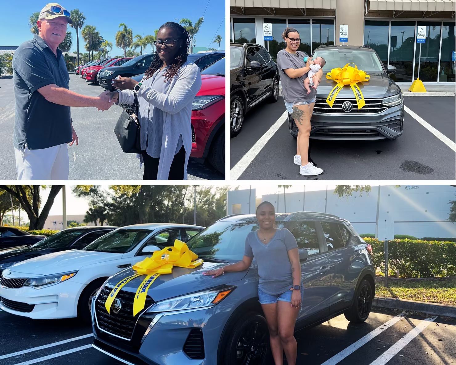 Three single mothers standing proudly next to their newly purchased vehicles, symbolizing independence and empowerment through the Hearts for Moms Changing Lives Program